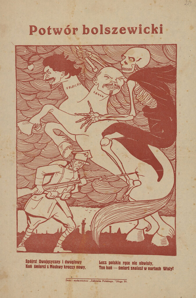 „Potwór bolszewicki” plakat kolorowy wydawnictwa „Żołnierza Polskiego” przedstawiający dwugłowego konia śmierci z Moskwy, brak daty. ANK, sygn. 29/645/126, s. 229